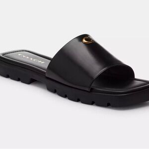 Coach Black Leather Slide Sandals